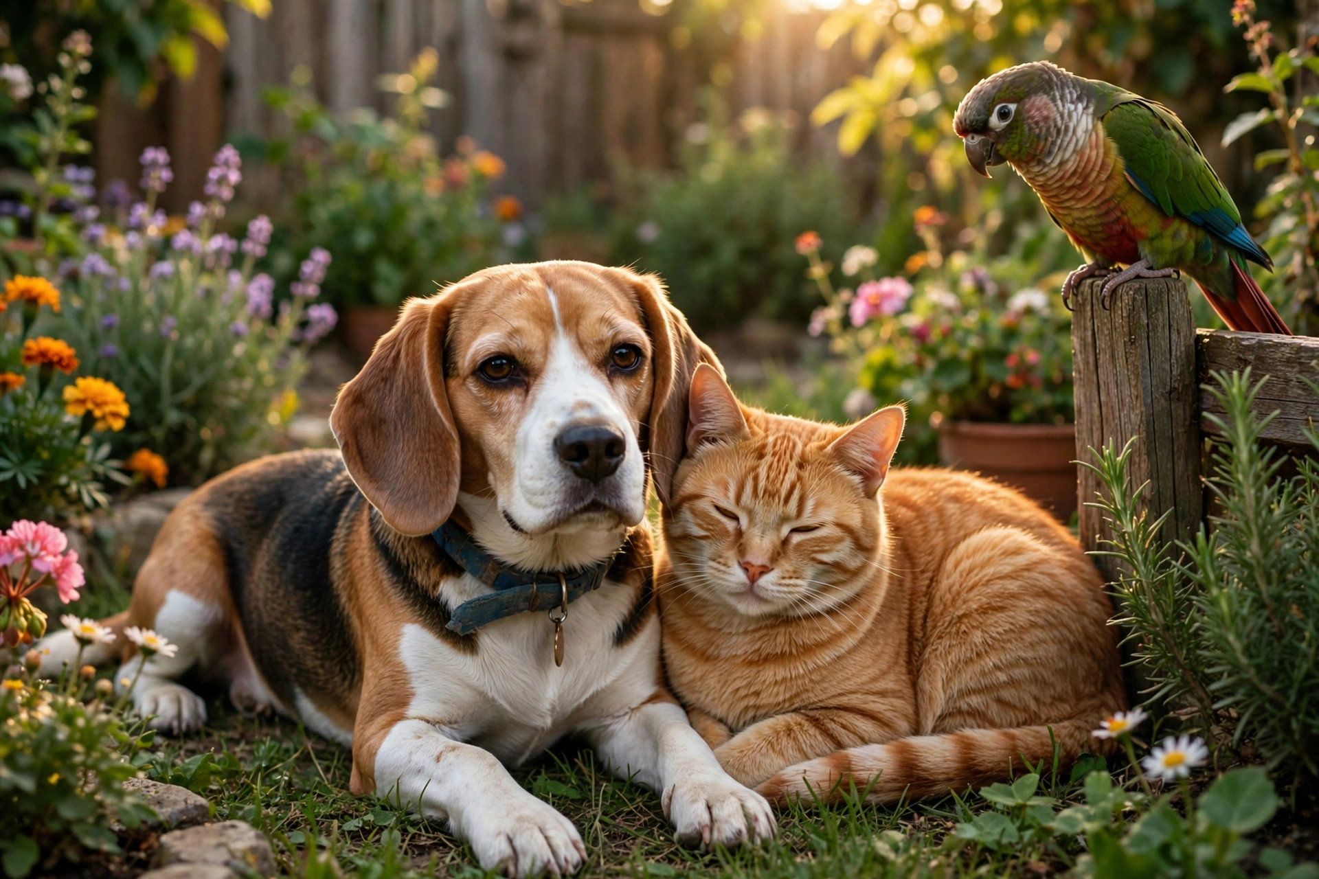 Example monument photo: a beagle, an orange cat, and a parrot together in a garden